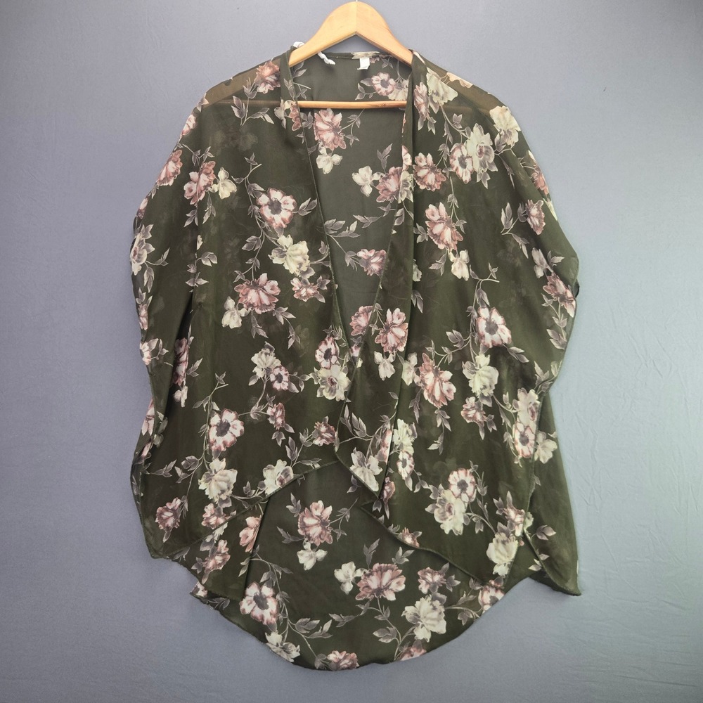 Minimi USA Floral Kimono Wrap Cardigan OS Olive Green Sheer Chiffon Boho Top